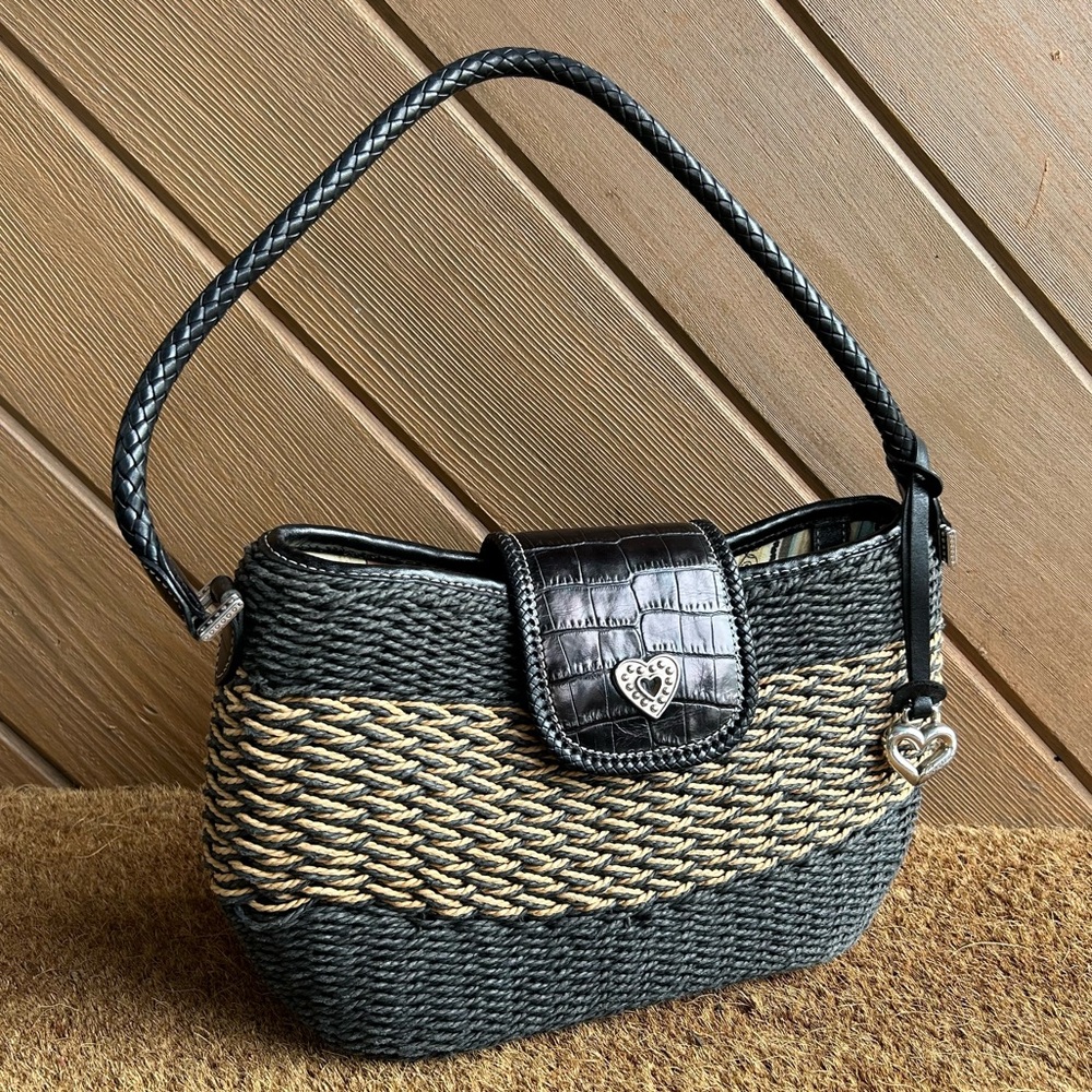 Brighton Woven Satchel Bag Purse Black Tan Straw Leather Shoulder strap